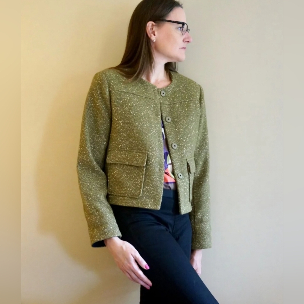 A NEW DAY Cropped Speckled Tweed Blazer Jacket in Olive Sz: 4 (Small) - Picture 6 of 16